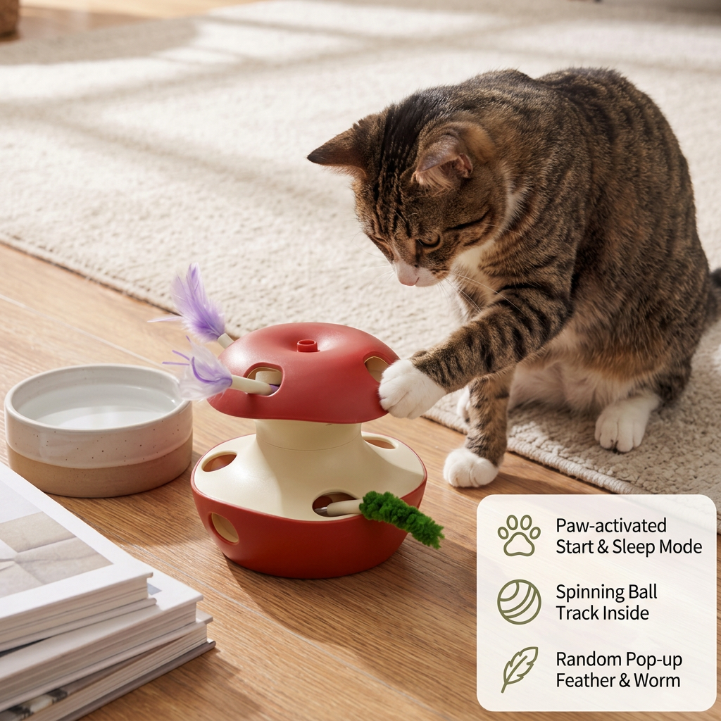 3-in-1 Apple-Shaped Cat Toy – Interactive Feather & Ball Toy